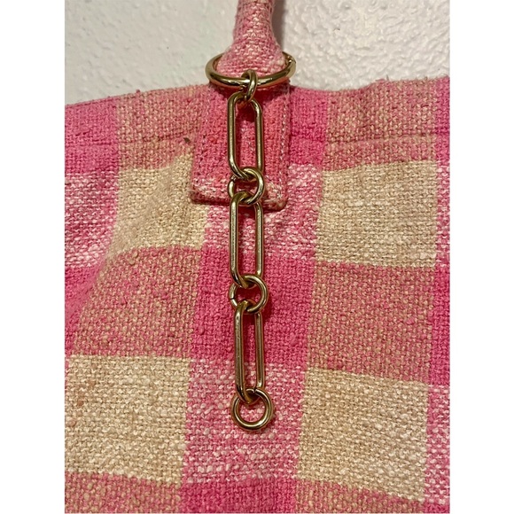 SANDRO Kasbah Gingham Pink & Cream Cotton Tote Bag w/ Gold Bag Charm - Picture 15 of 16